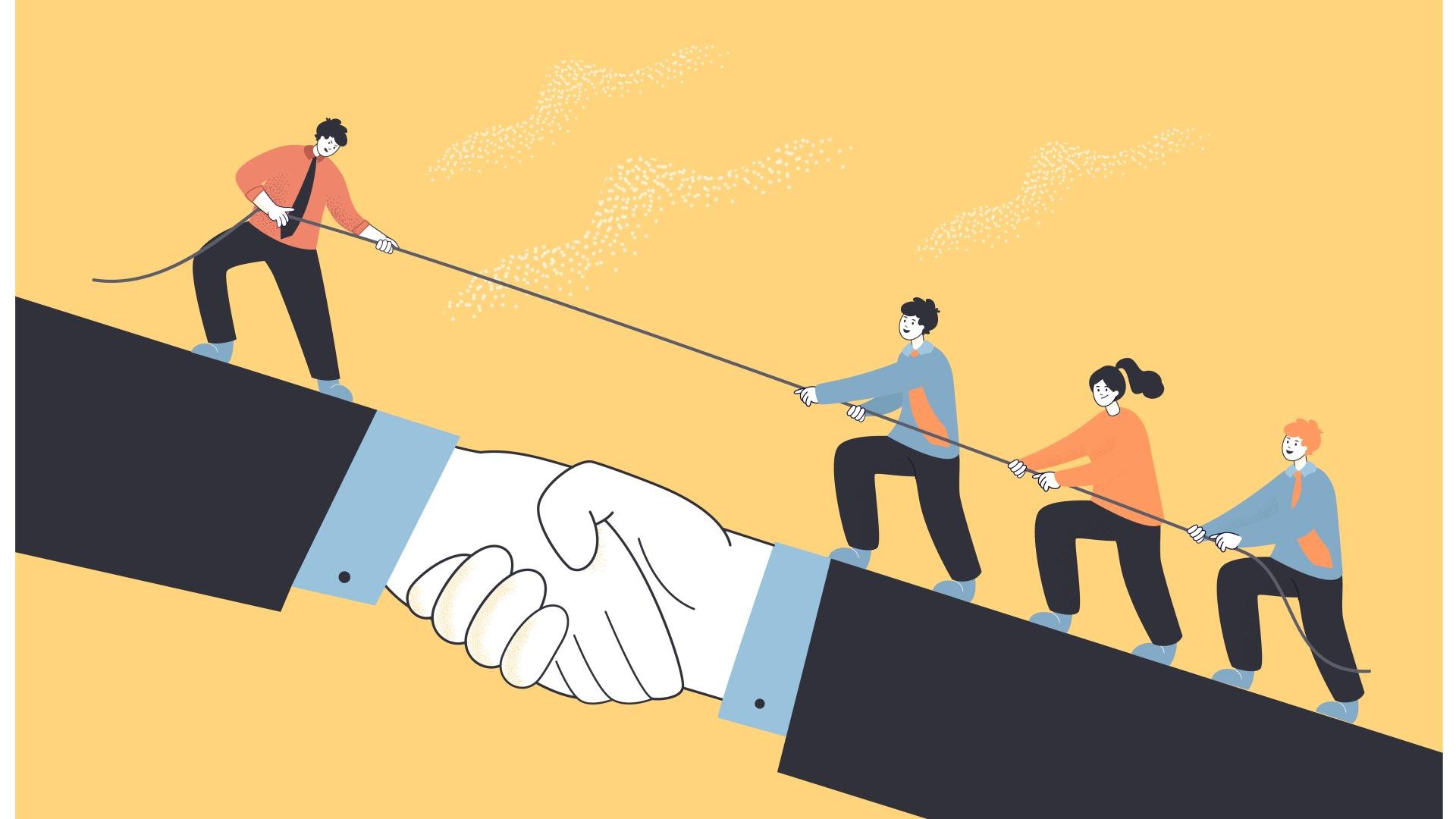  teamwork of tiny business people climbing handshake after leader