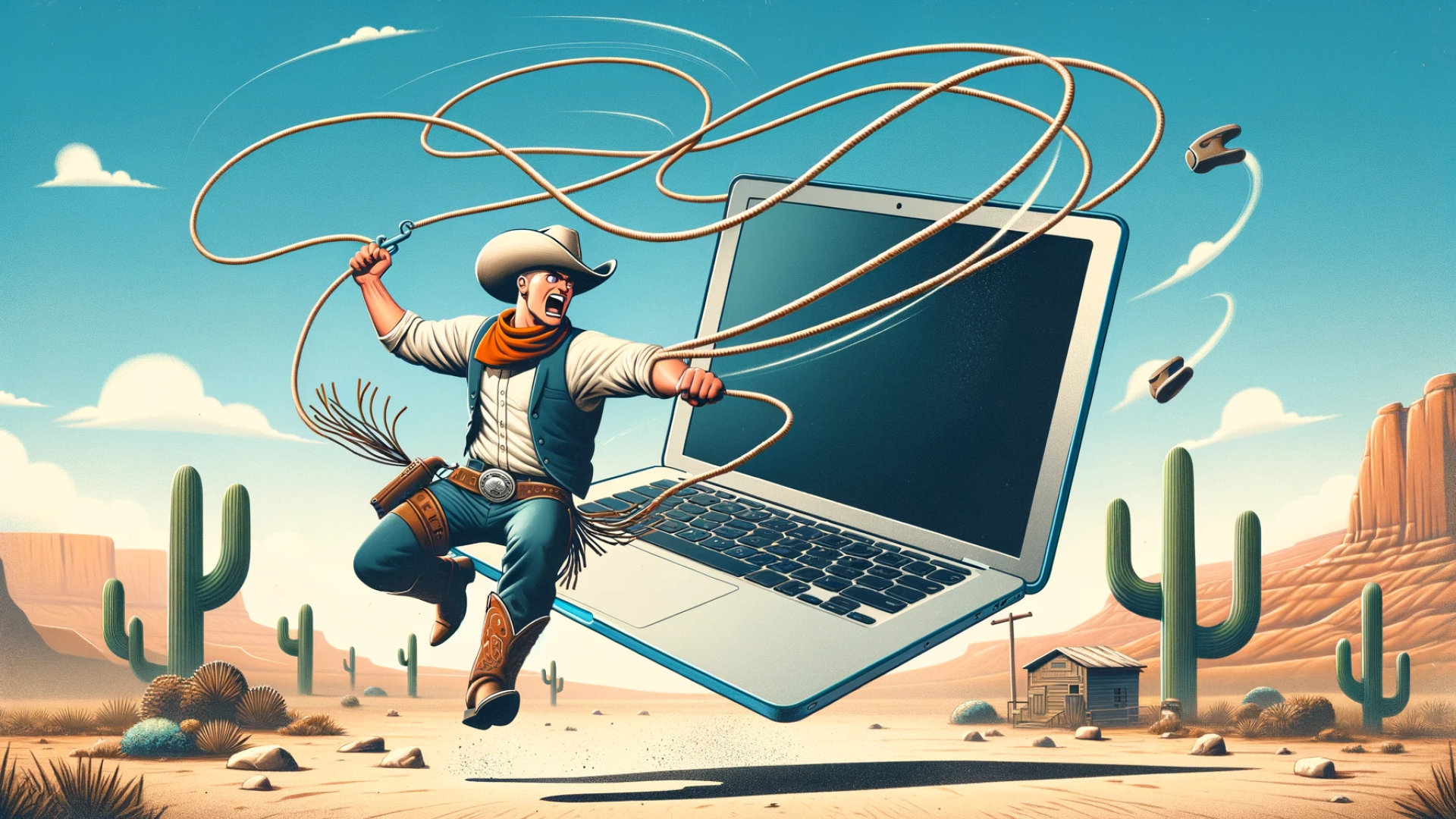 A cartoon of a cowboy lassoing a laptop computer.