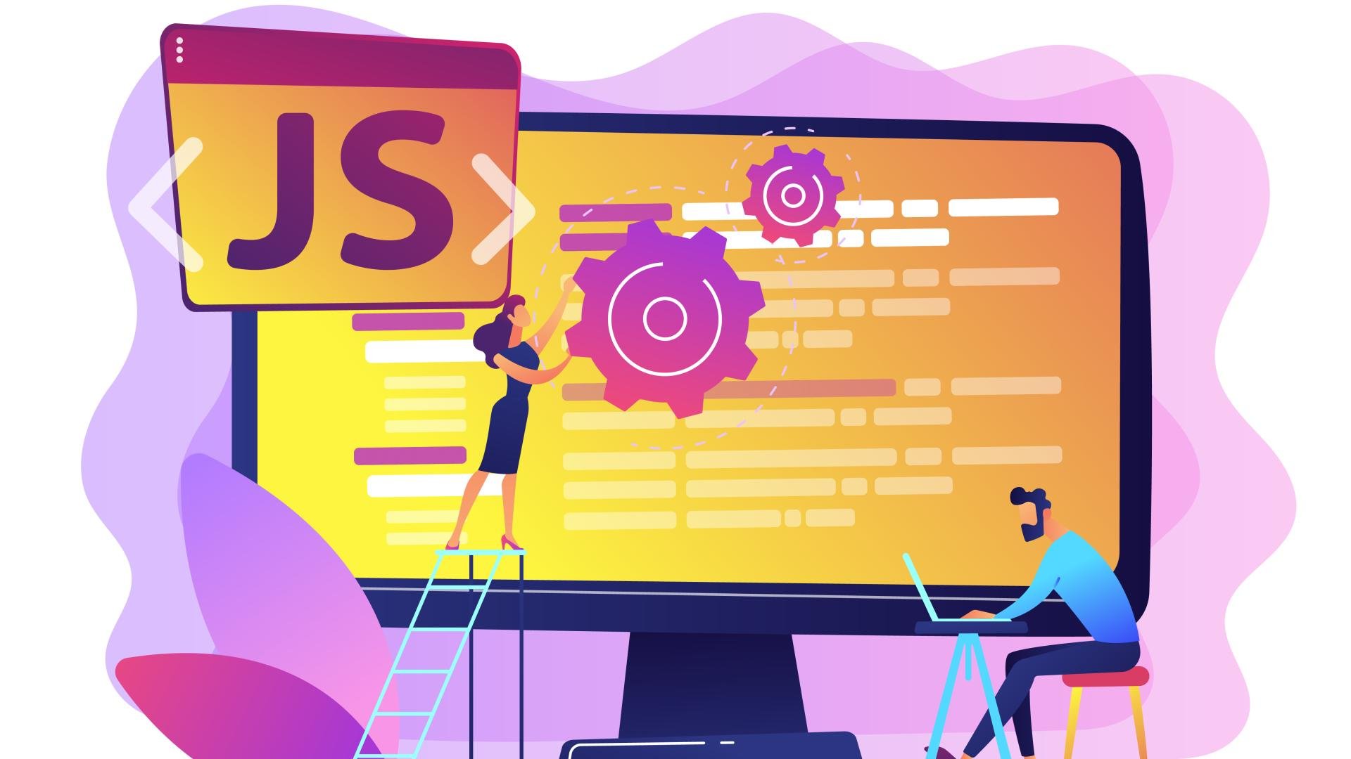 Programmers using JavaScript programming language on computer, tiny people. JavaScript language, JavaScript engine, JS web development concept. Bright vibrant violet isolated illustration