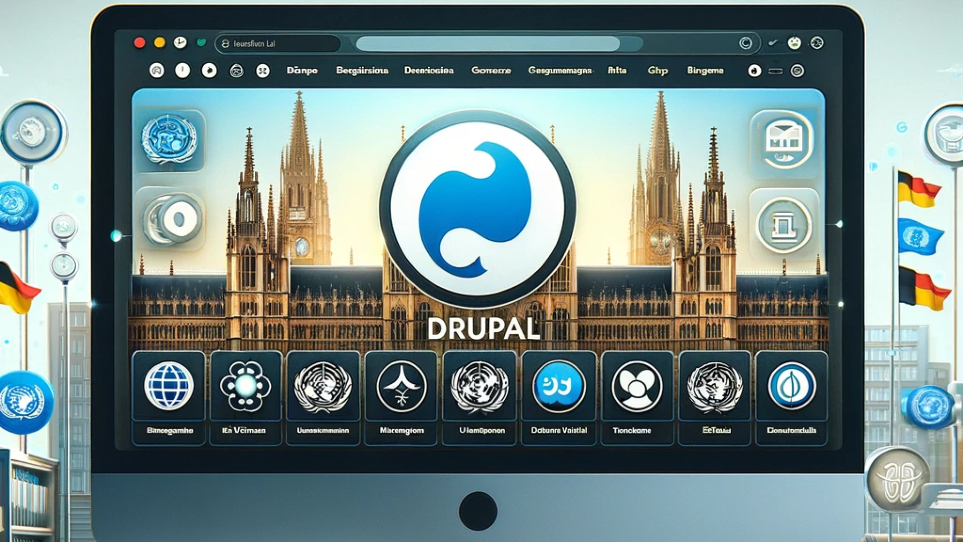 DALL·E 2024-05-16 14.39.34 - A modern, professional image showing a sleek computer screen displaying a Drupal 10 dashboard. The background includes subtle elements like a city hall