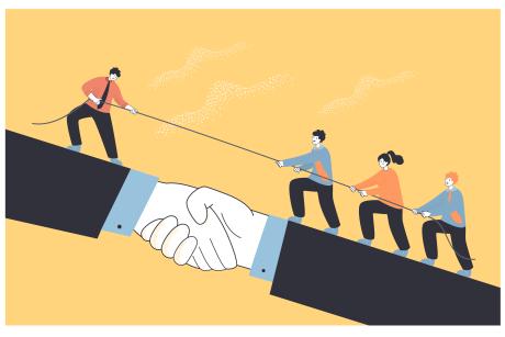  teamwork of tiny business people climbing handshake after leader