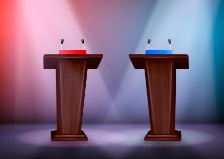 two tribunes for debate on stage illuminated by floodlights realistic colored composition 3d illustration