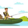 Illustration of a man fishing with a rod while rowing a rubber dingy boat.